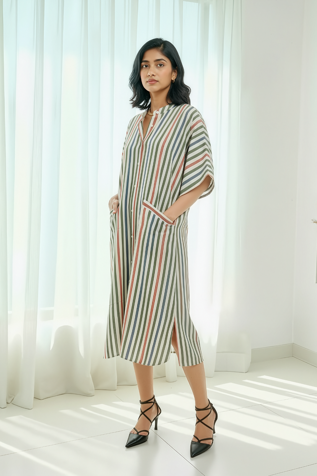 Multicolured Stripe Cotton Kaftan Shirt Dress