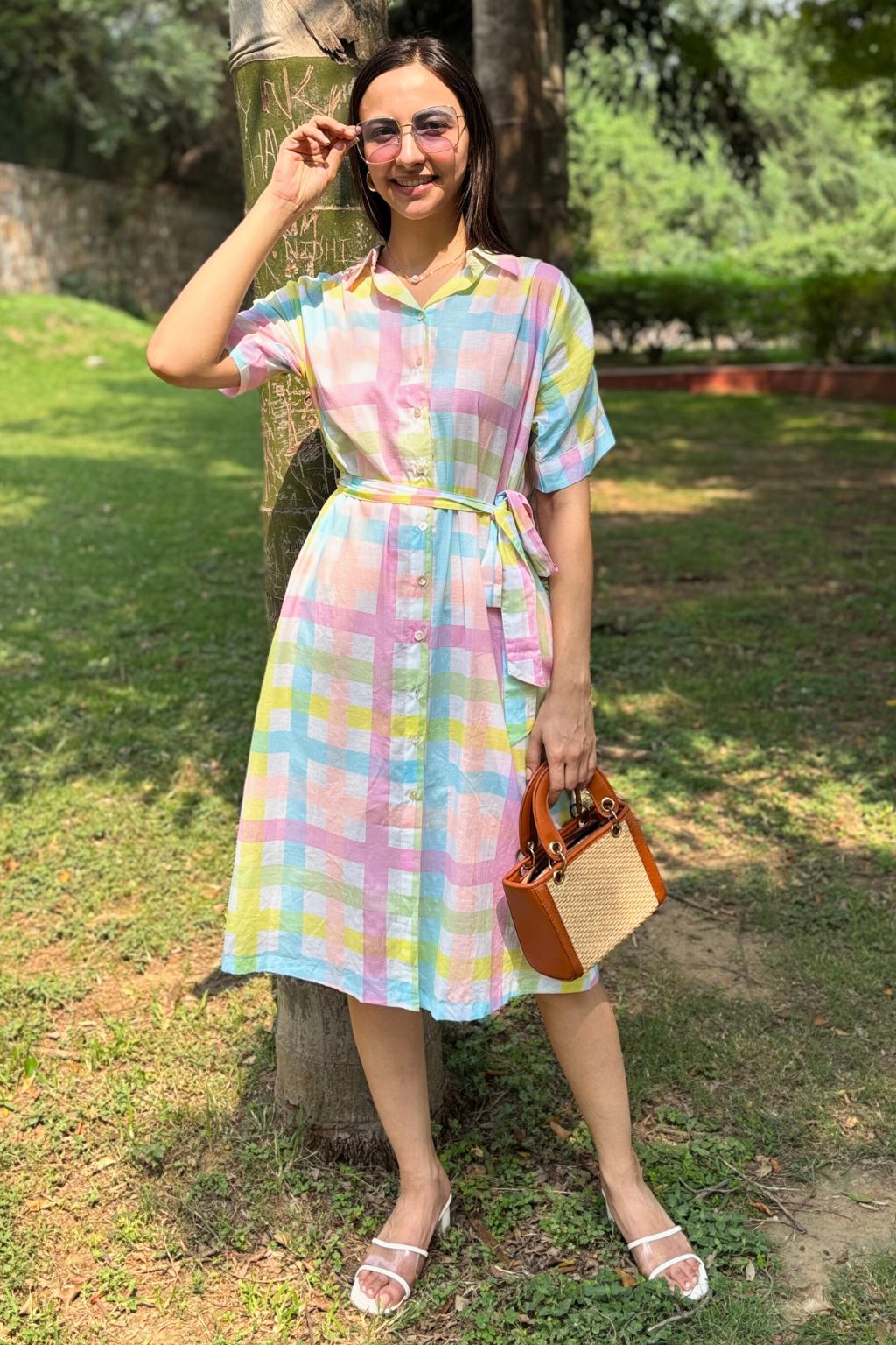 Candy Grid Belted Cotton Midi Dress
