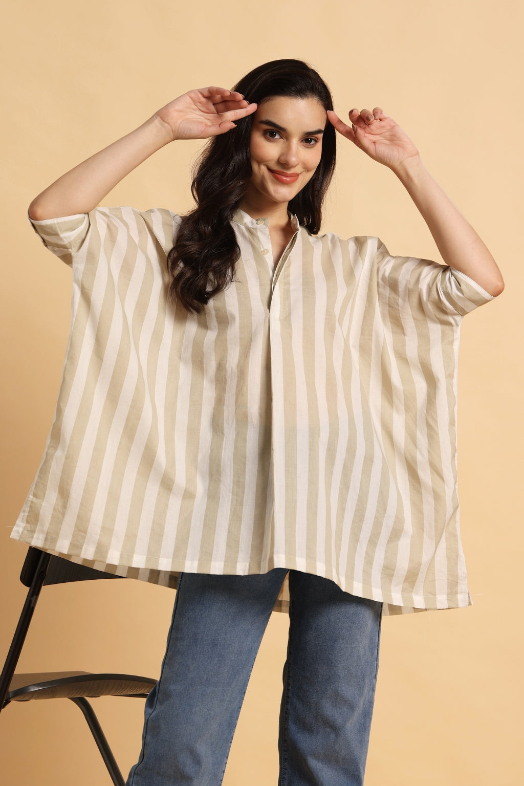 Beige Striped Oversized Cotton Shirt