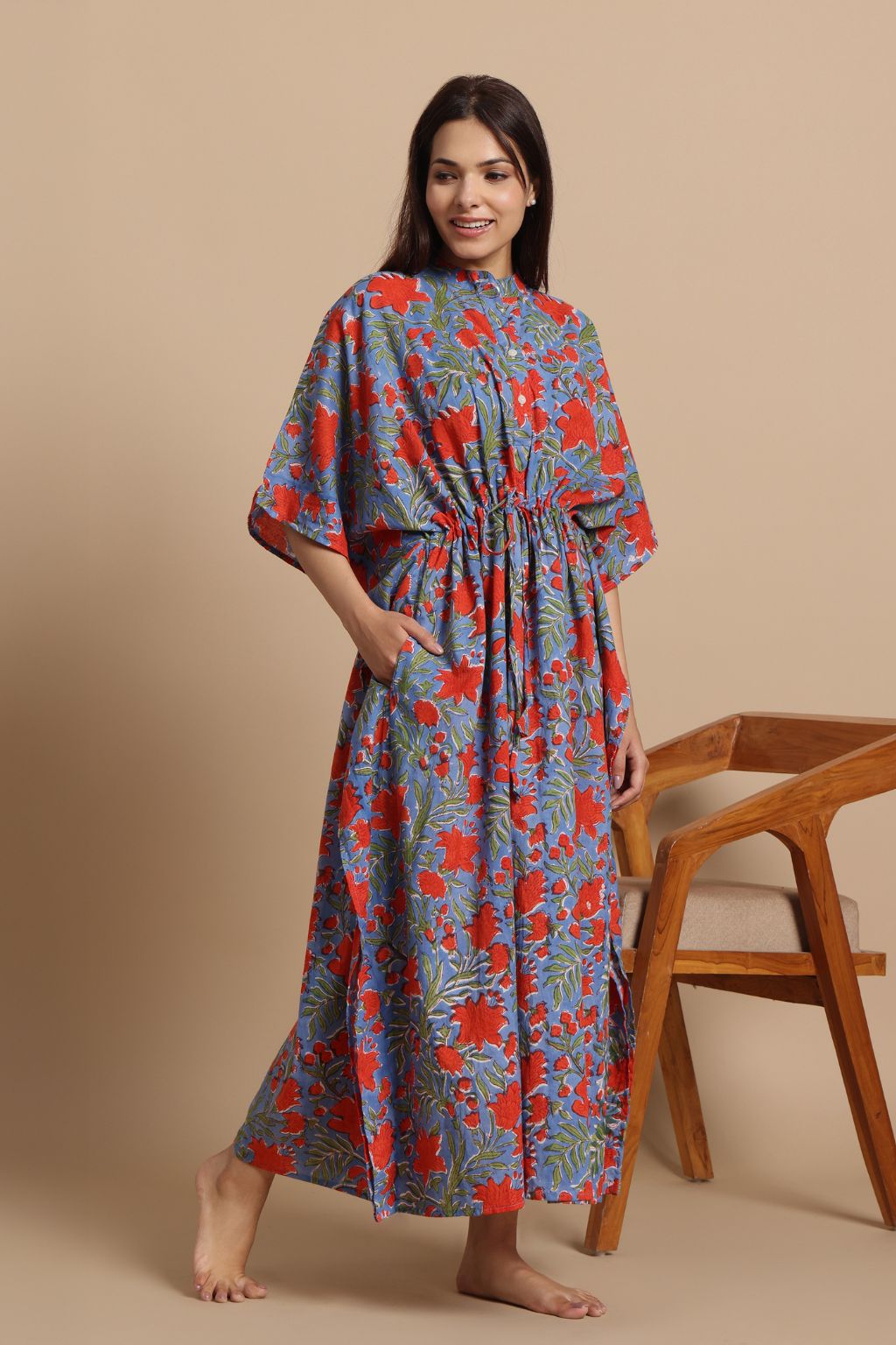 Blue Blaze Hand-Block Cotton Shirt Kaftan