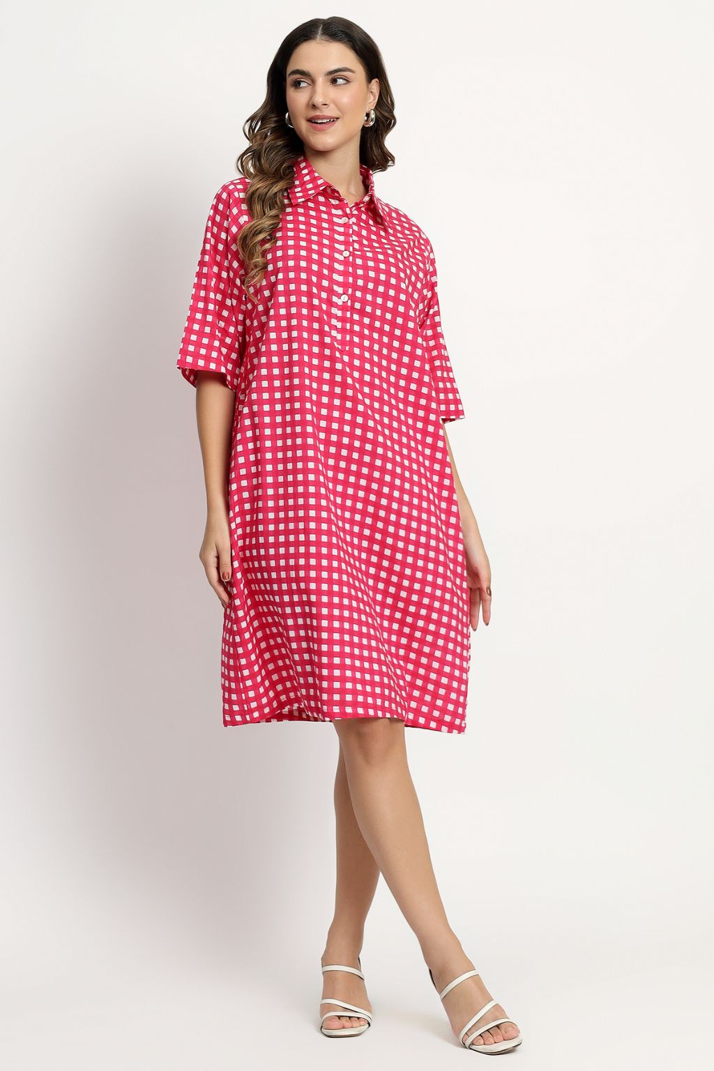 Retro Vibes Pink Check Cotton Shift Dress