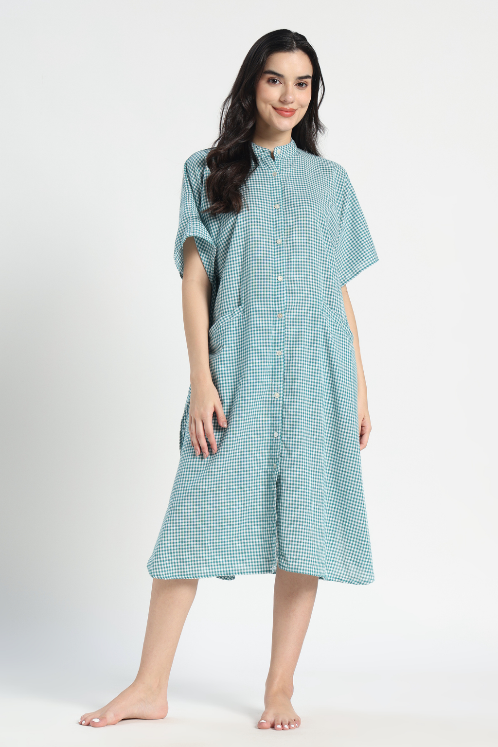 Green Check Cotton Kaftan Shirt Dress
