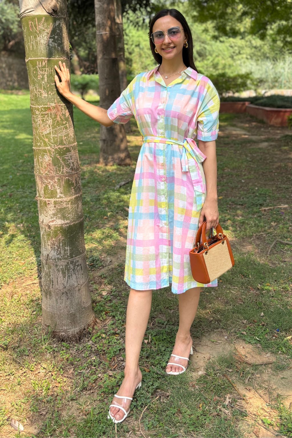 Candy Grid Belted Cotton Midi Dress
