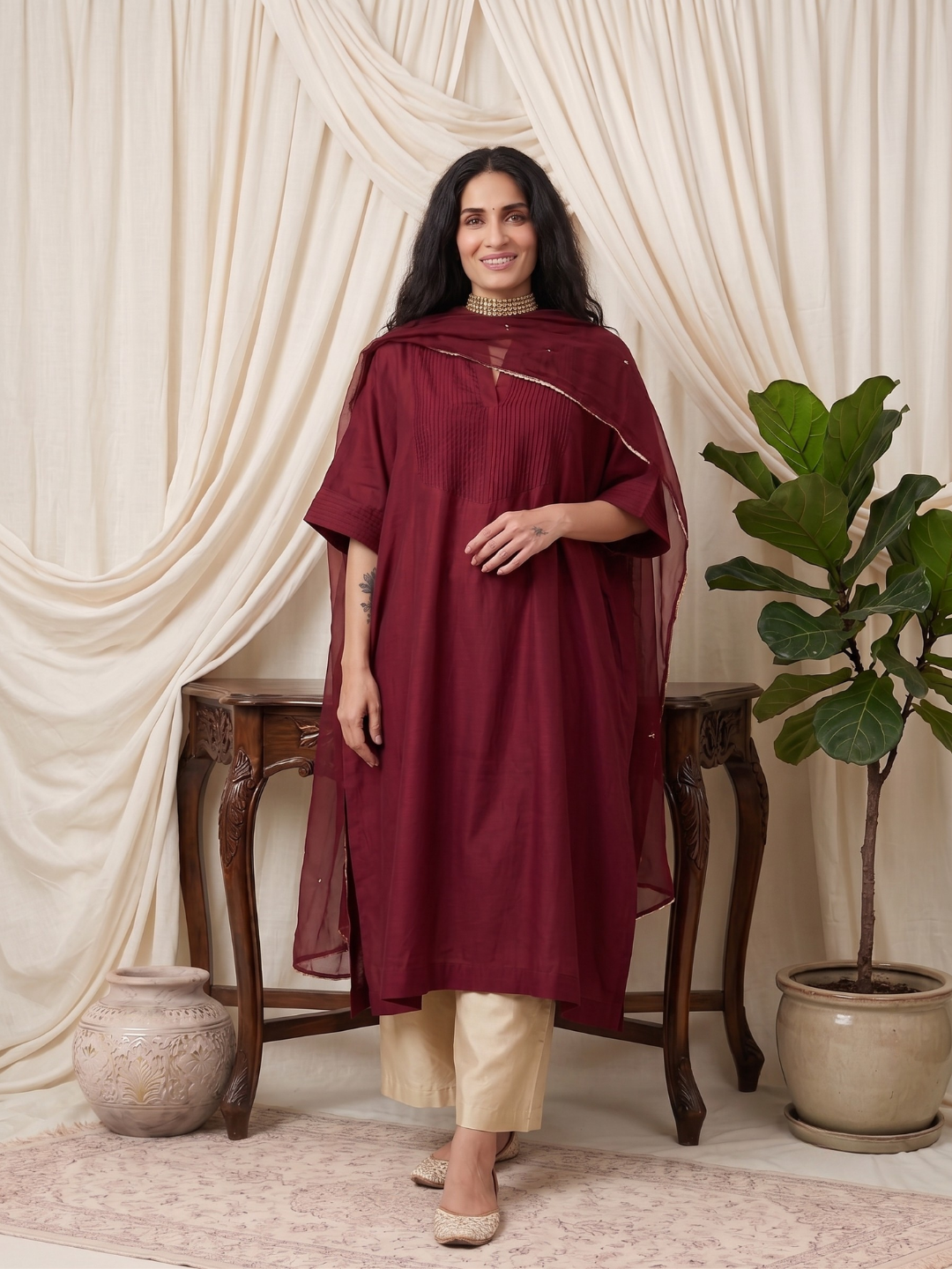 Noor-e-Zar oversized maroon modal silk kurta by SAFEERA, styled for Diwali