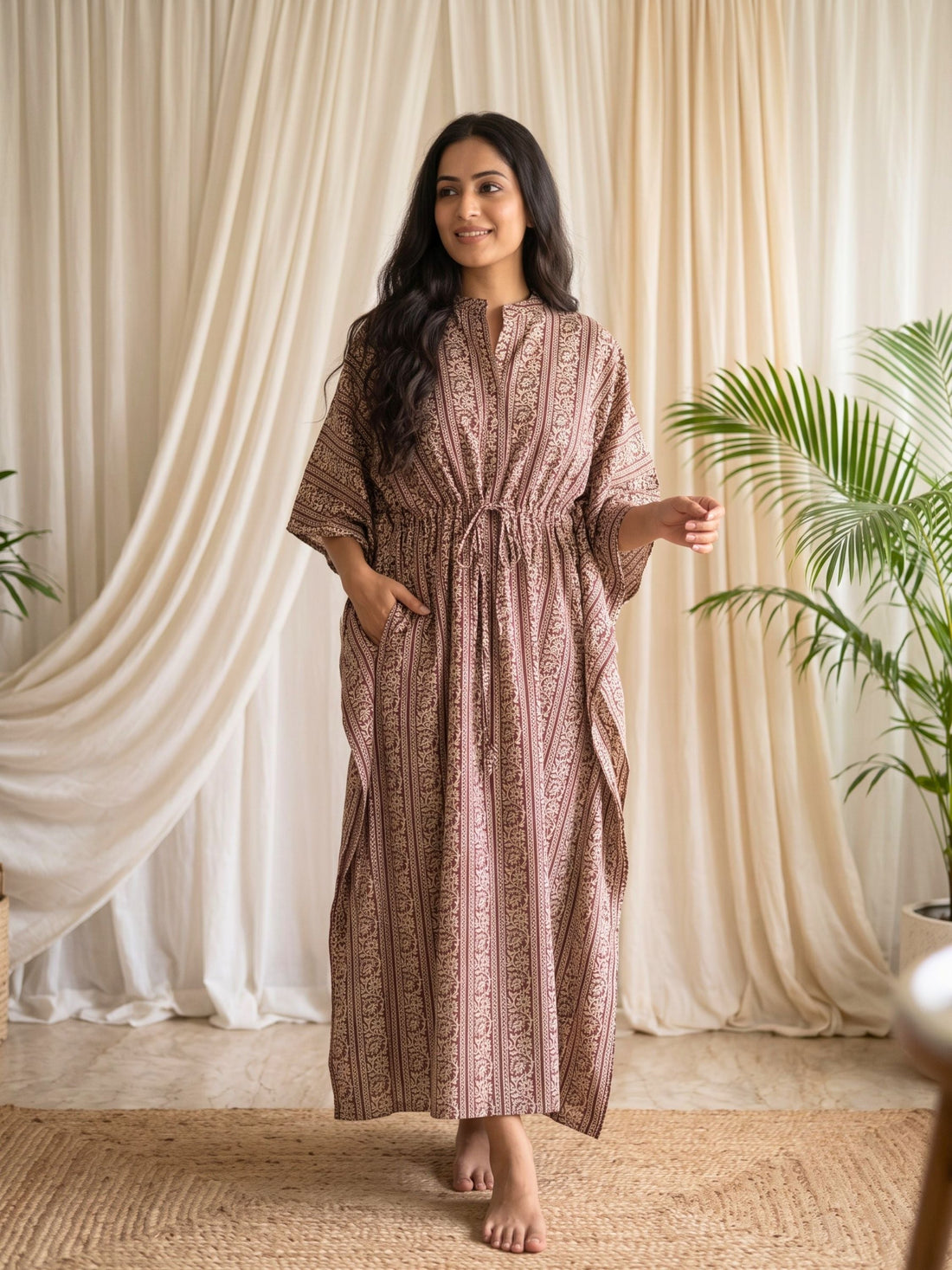 Bagru Bloom Stripe Maxi Kaftan, a handblock-printed Indian cotton kaftan by Safeera