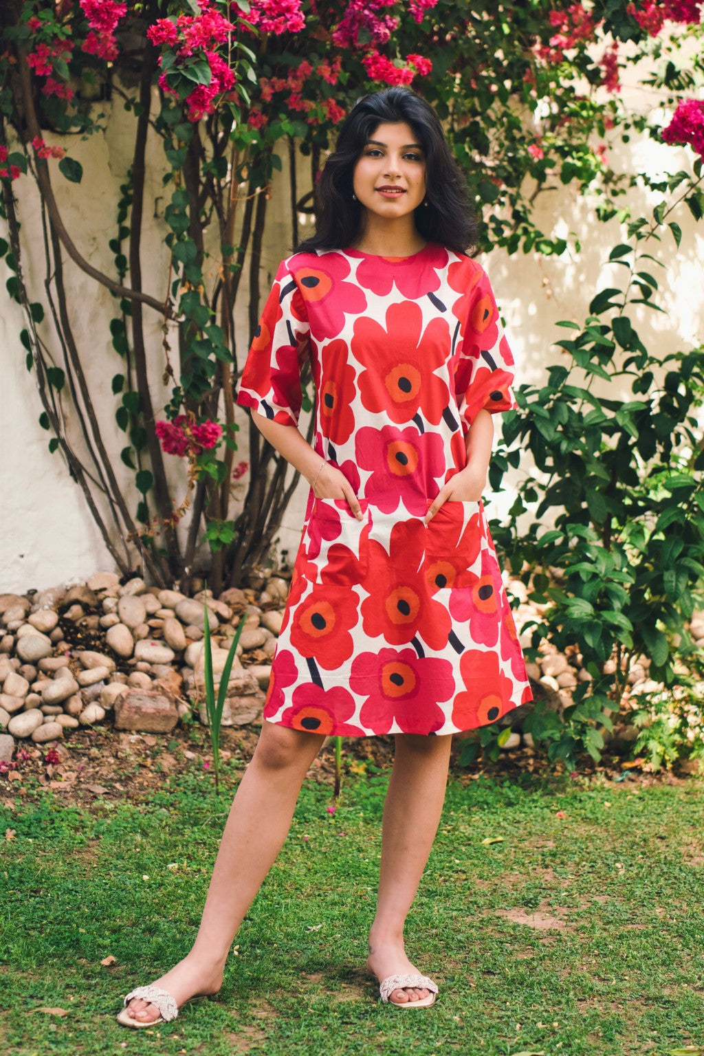 Scarlet Blossom Cotton Shift Dress