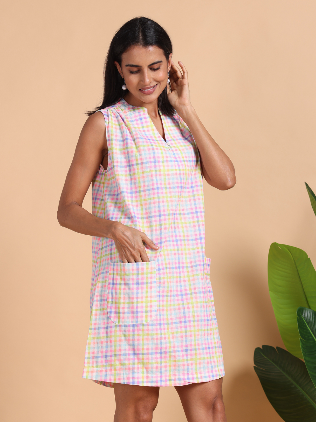 Candy Grid Belted Cotton Midi Dress