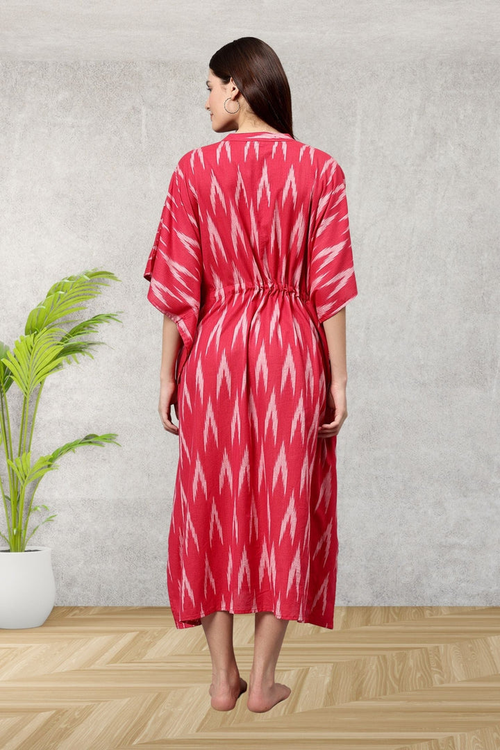 Red Ikkat Paradise Cotton Maxi Kaftan - SAFEERA
