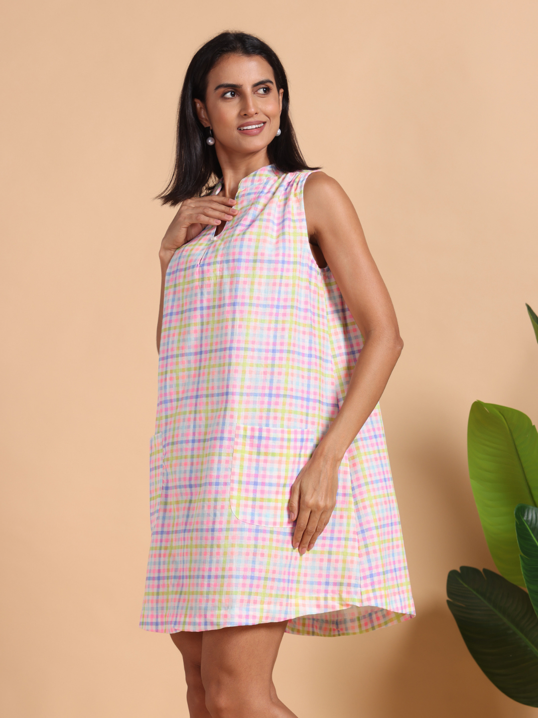Candy Grid Belted Cotton Midi Dress