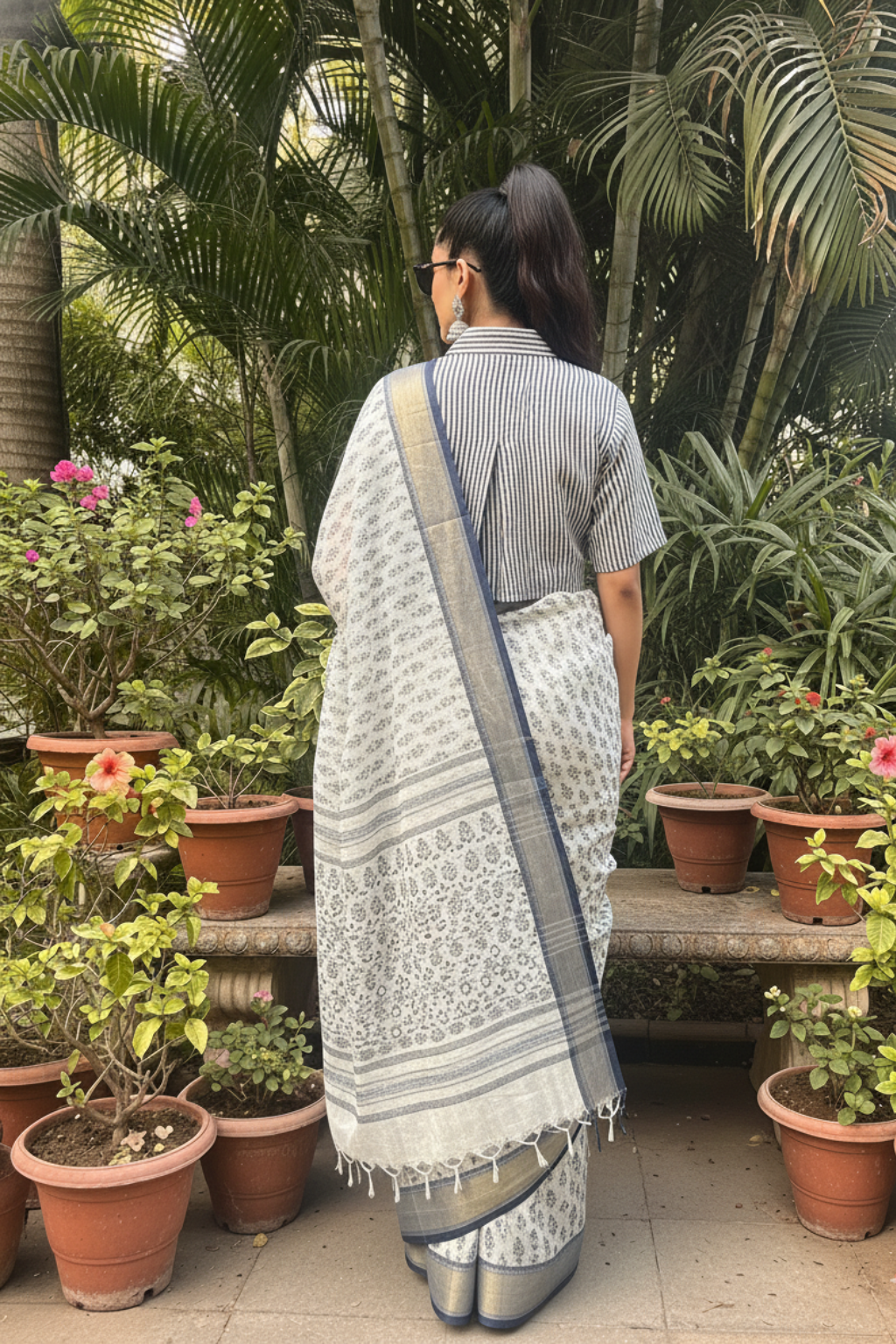 Classic Indigo Handblock Stripe Cotton Crop Shirt