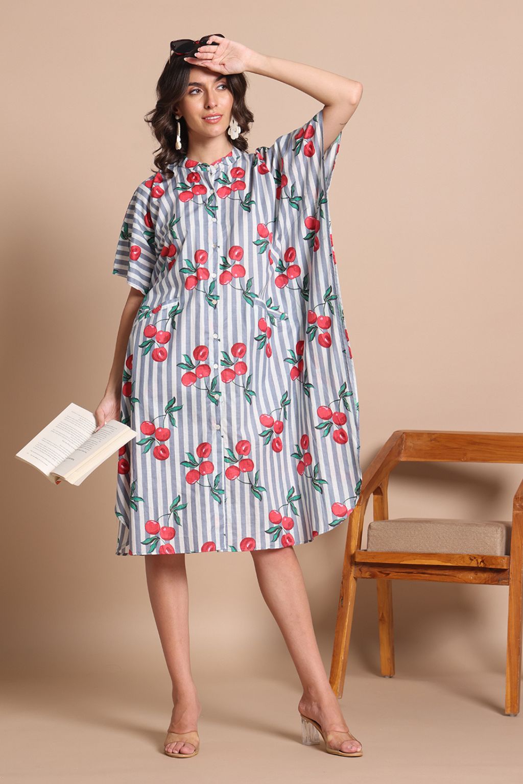 Cherry Twist Cotton Kaftan Shirt Dress