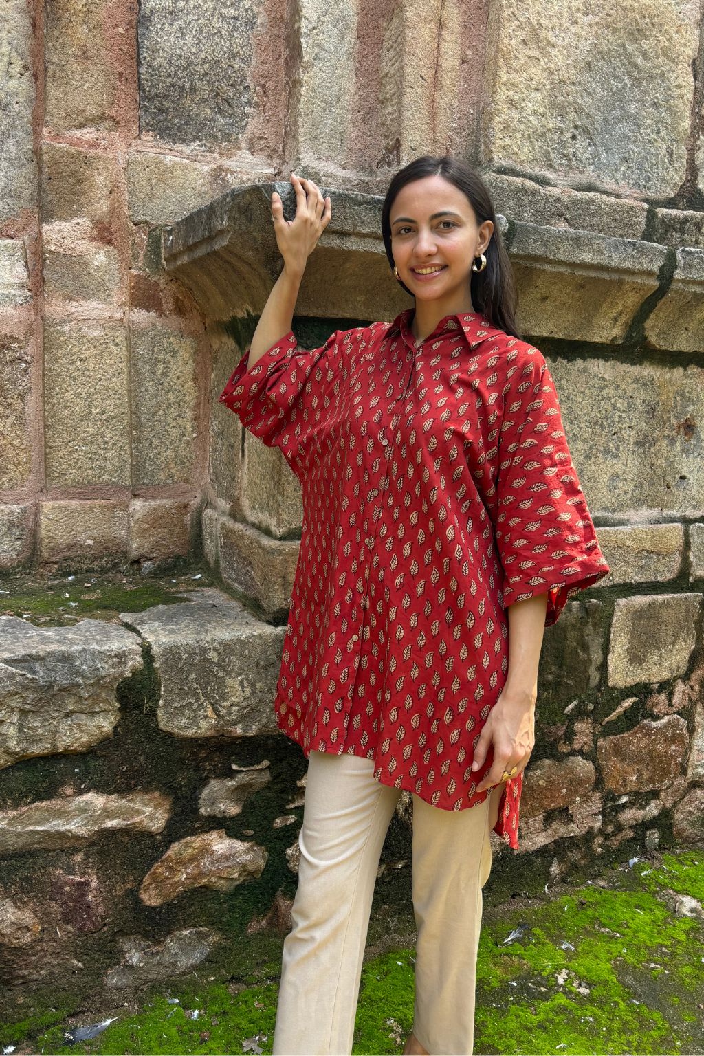 Leafy Elegance Cotton Long Shirt