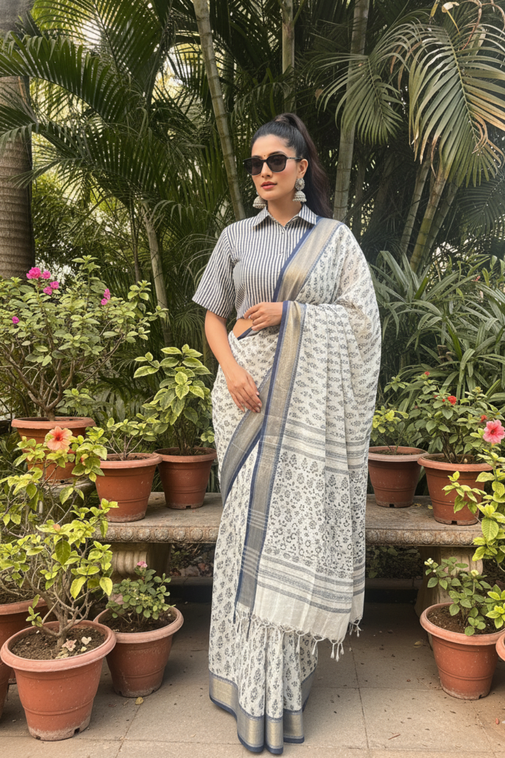 Classic Indigo Handblock Stripe Cotton Crop Shirt