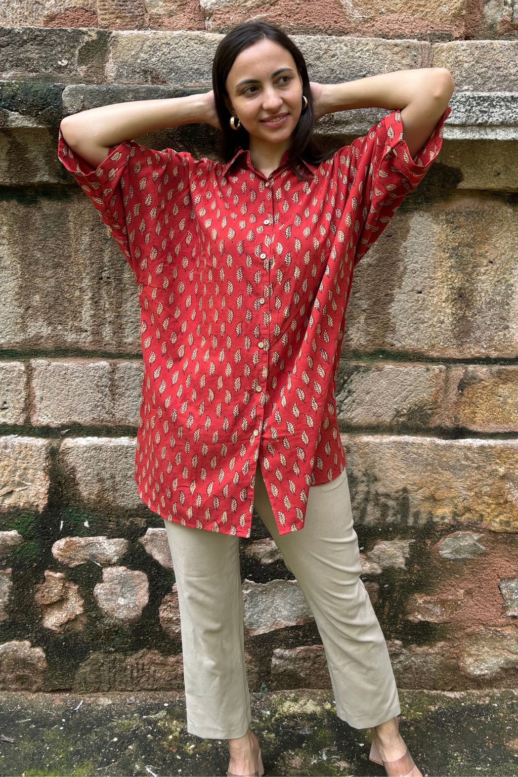 Leafy Elegance Cotton Long Shirt