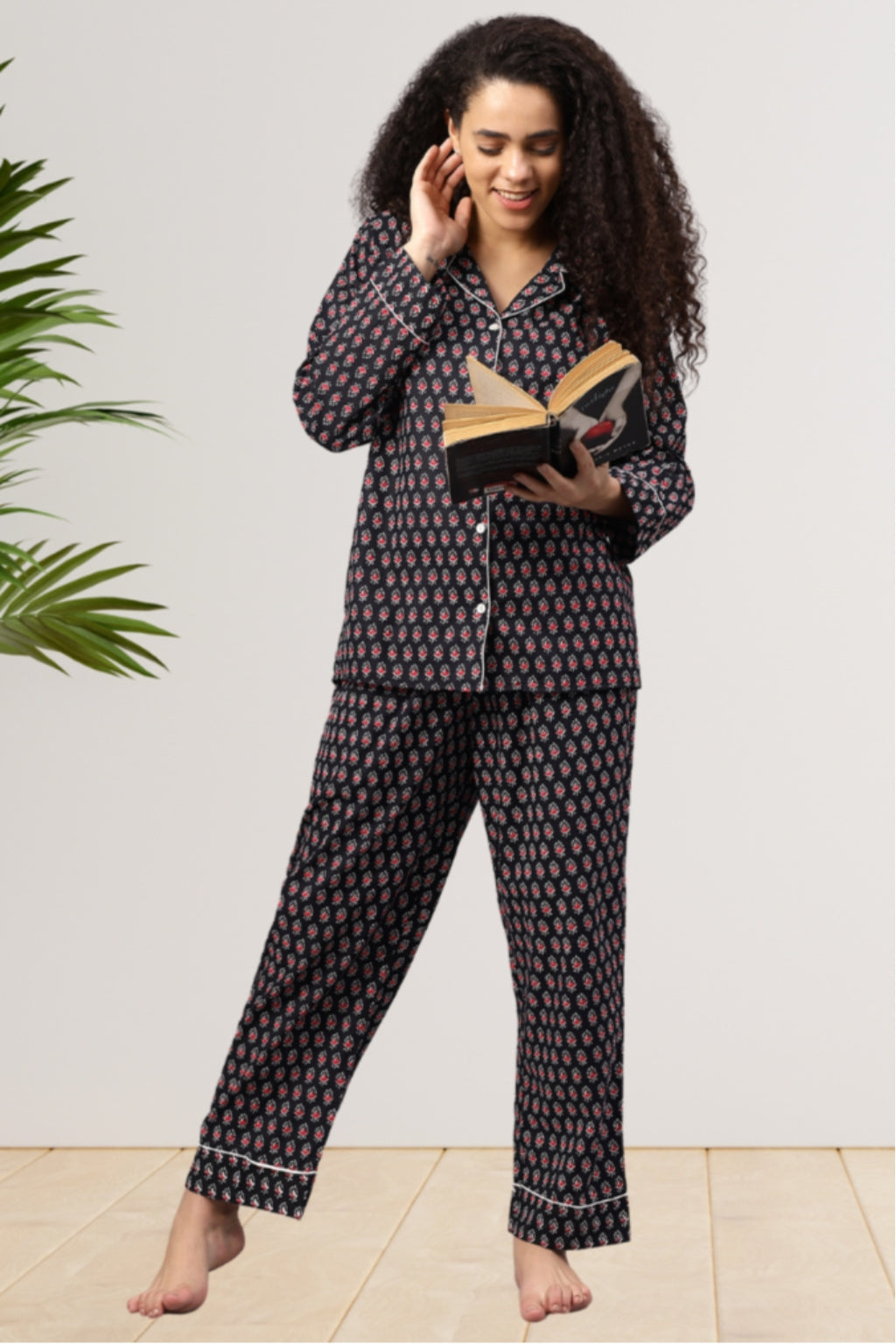 Black Handblock Printed Cotton Night Suit