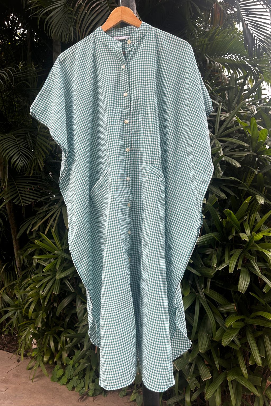 Green Check Cotton Kaftan Shirt Dress