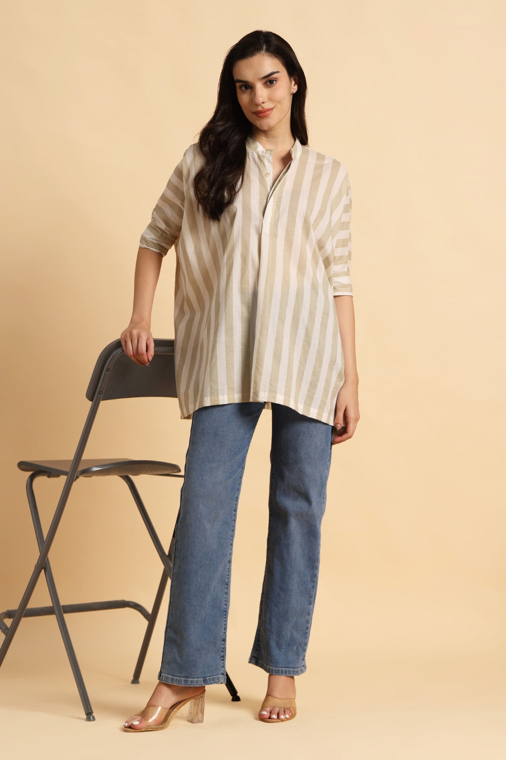 Beige Striped Oversized Cotton Shirt