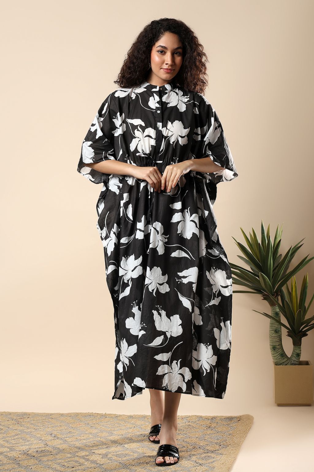 Black Chic Petals Cotton Shirt Kaftan