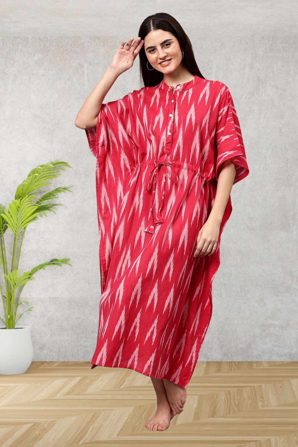 Red Ikkat Paradise Cotton Maxi Kaftan
