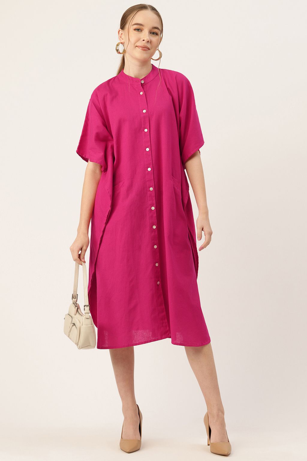 Hot Pink Pop Cotton Kaftan Shirt Dress