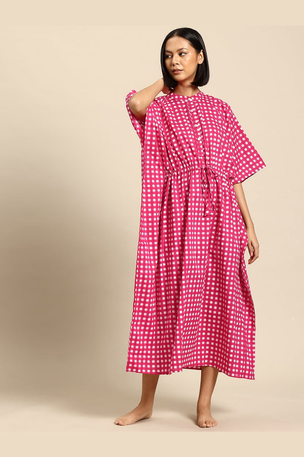 Pink Check Cotton Maxi Shirt Kaftan - SAFEERA
