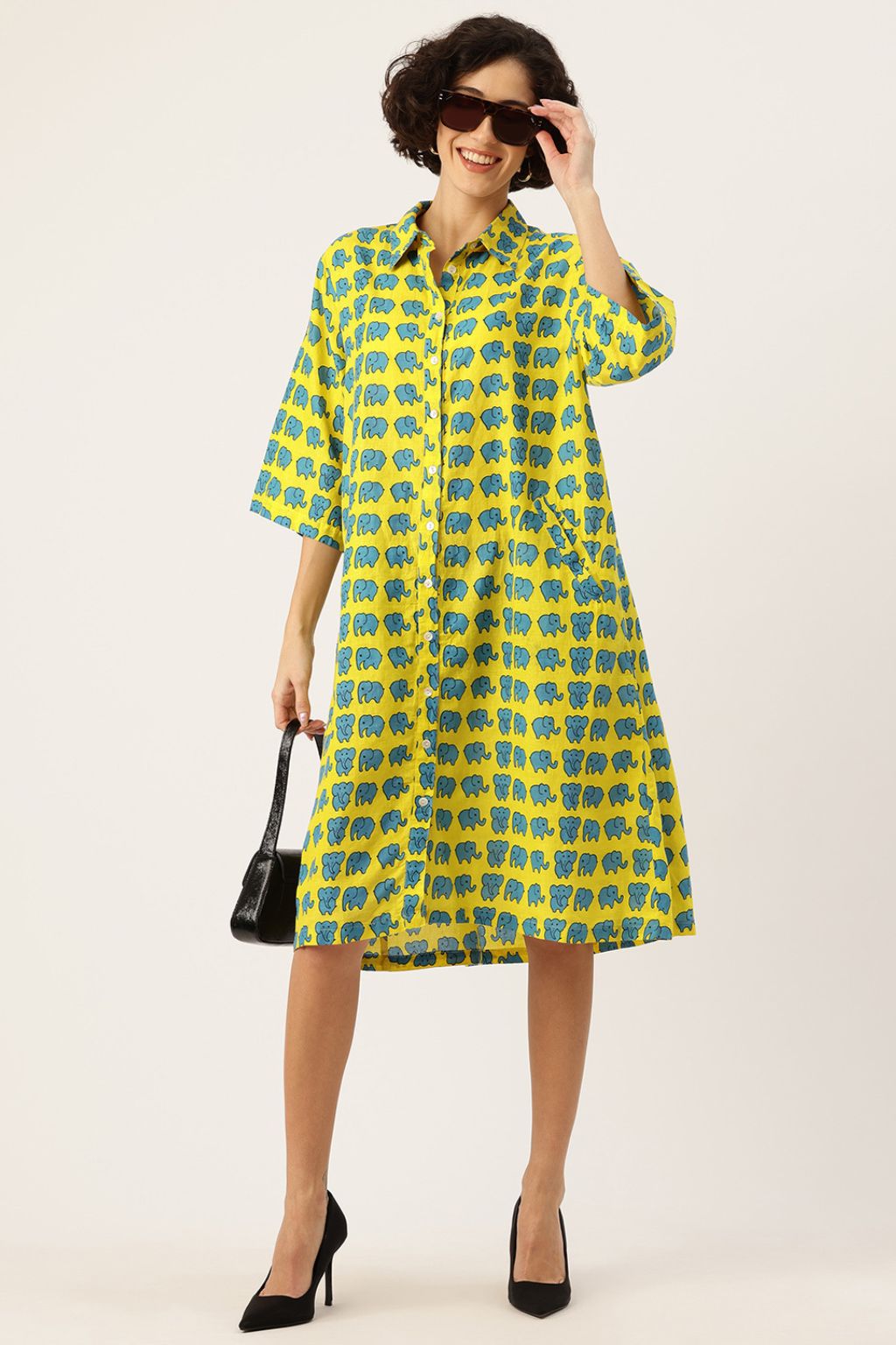 Trunky Twirls Cotton A-Line Shirt Dress