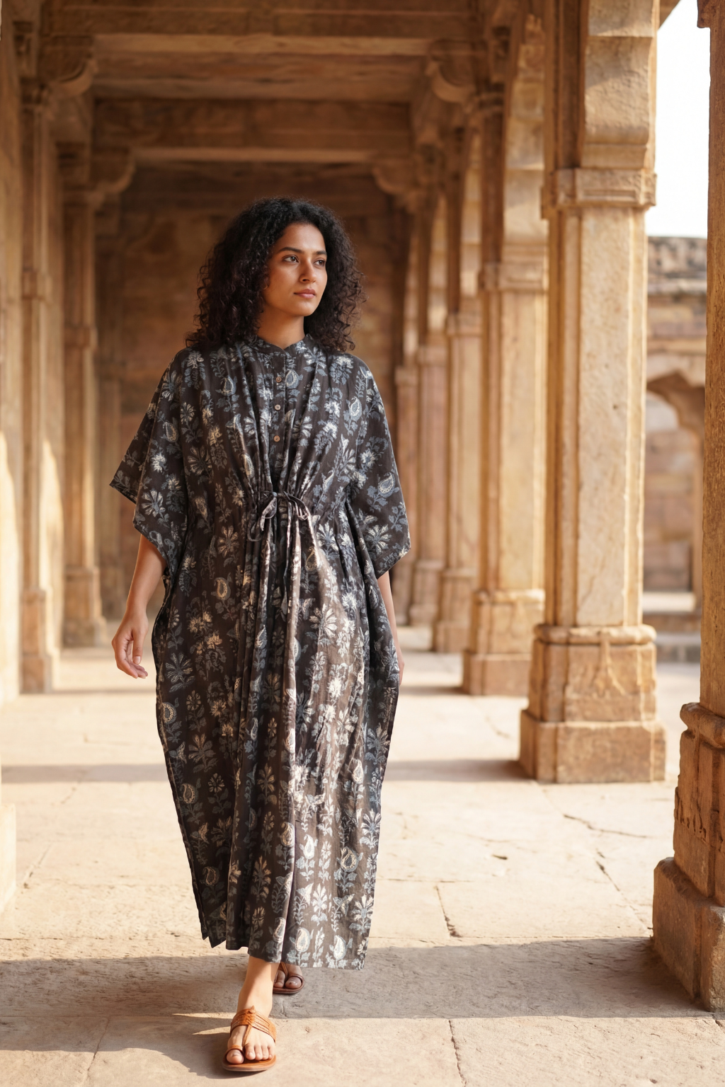 Black Blue Stripe Cotton Maxi Kaftan