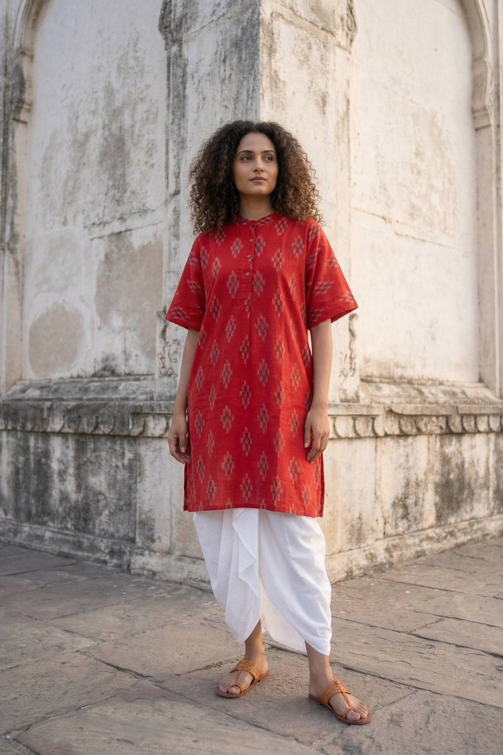Red Blossom Ikat Cotton Kurta