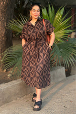Brown Geometric Print Oversized belted Shirt Dress