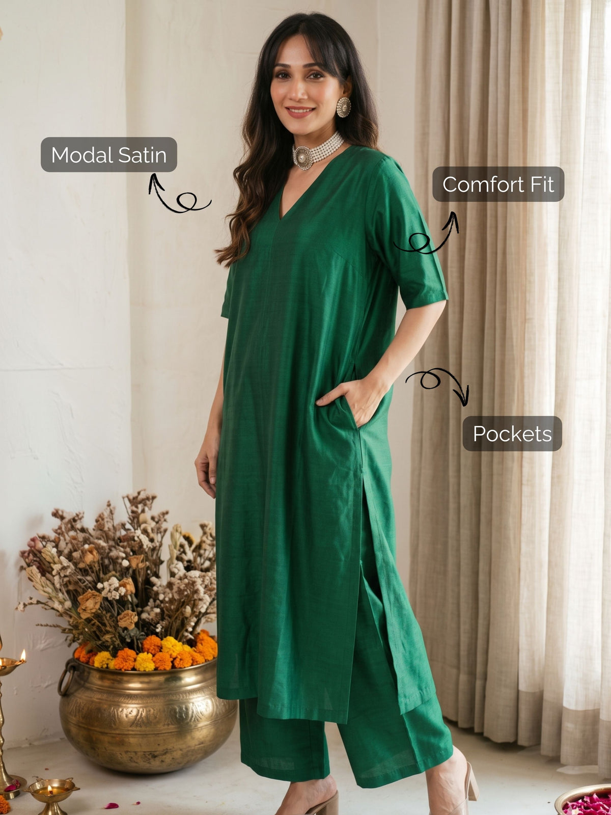 Emerald Grace Long Silk Kurta Set