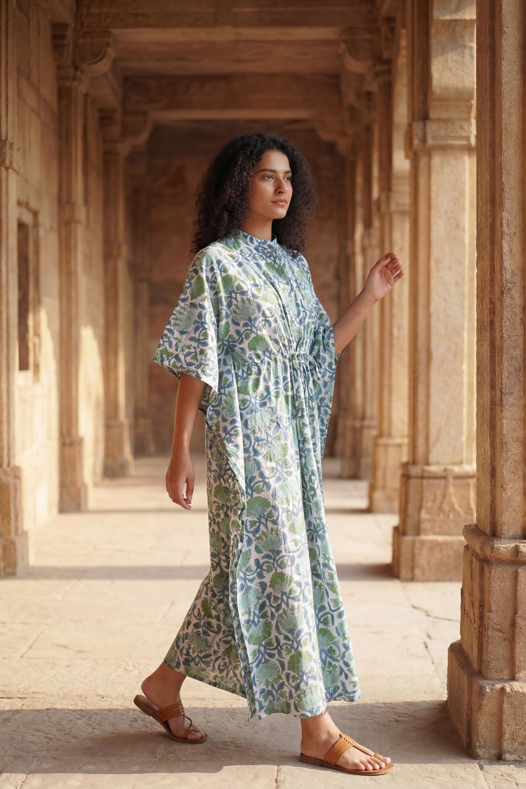 White Green Stripe Cotton Maxi Kaftan