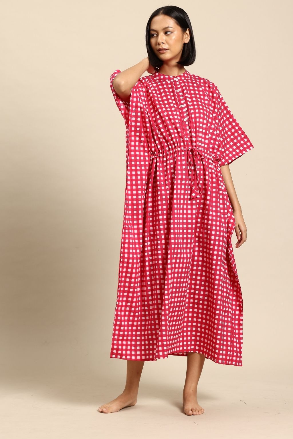 Pink Check Cotton Maxi Shirt Kaftan