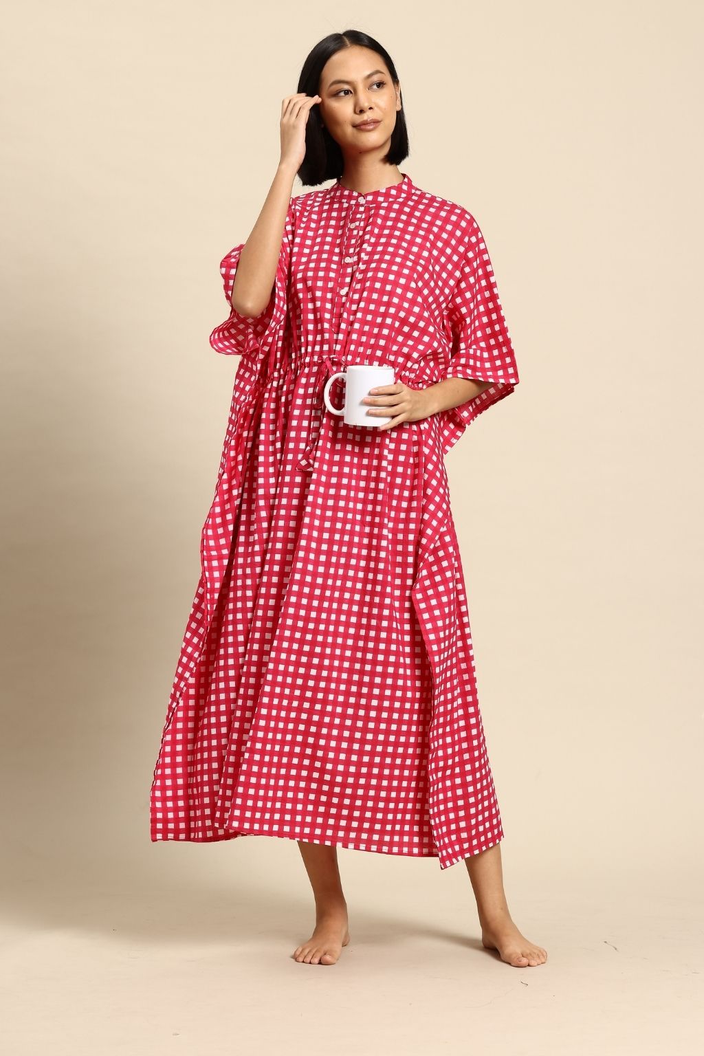 Pink Check Cotton Maxi Shirt Kaftan