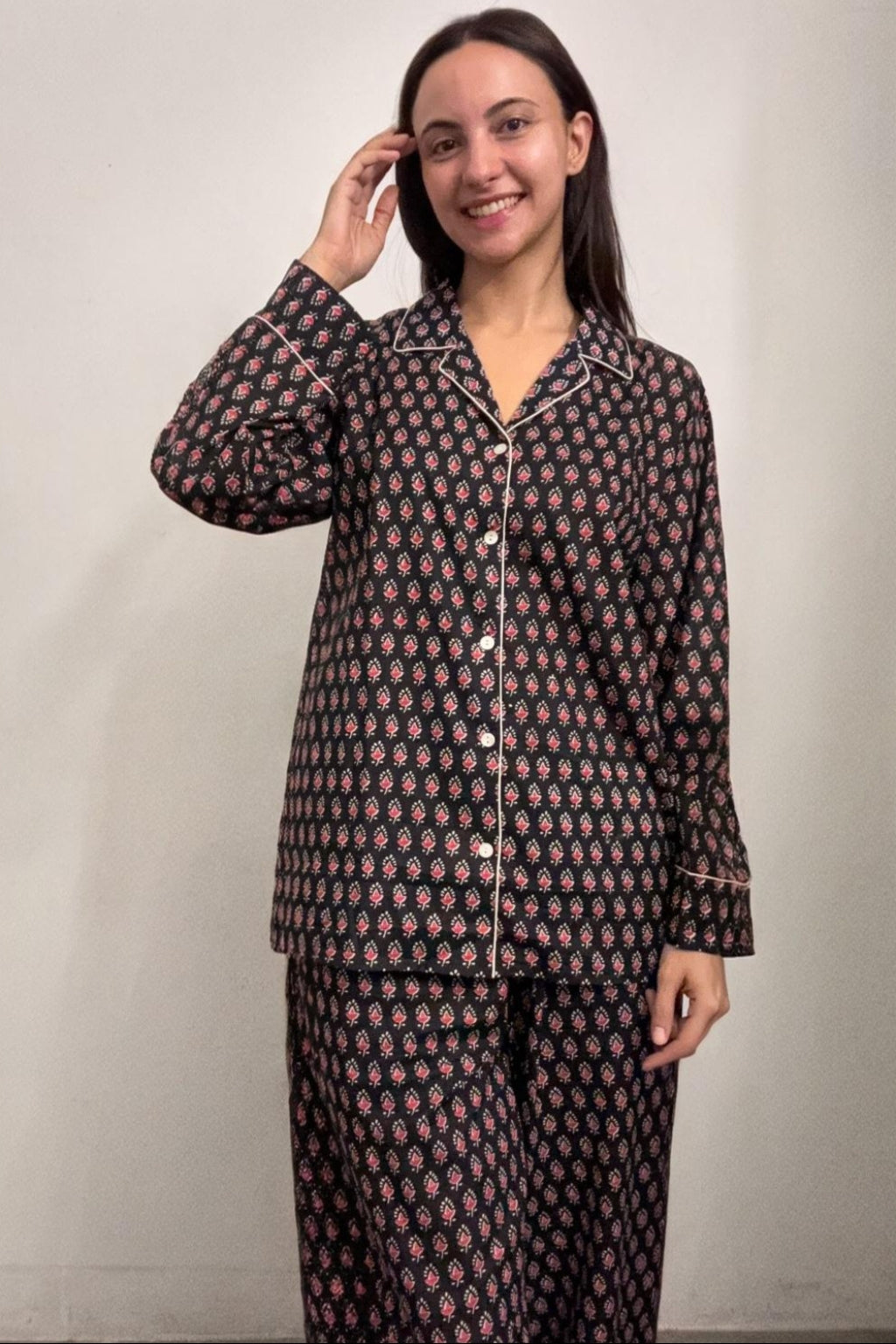 Black Handblock Printed Cotton Night Suit