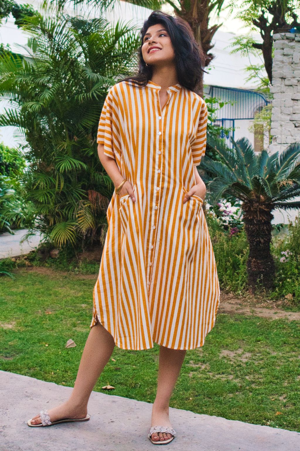 Mustard Yellow Stripe Cotton Kaftan Shirt Dress