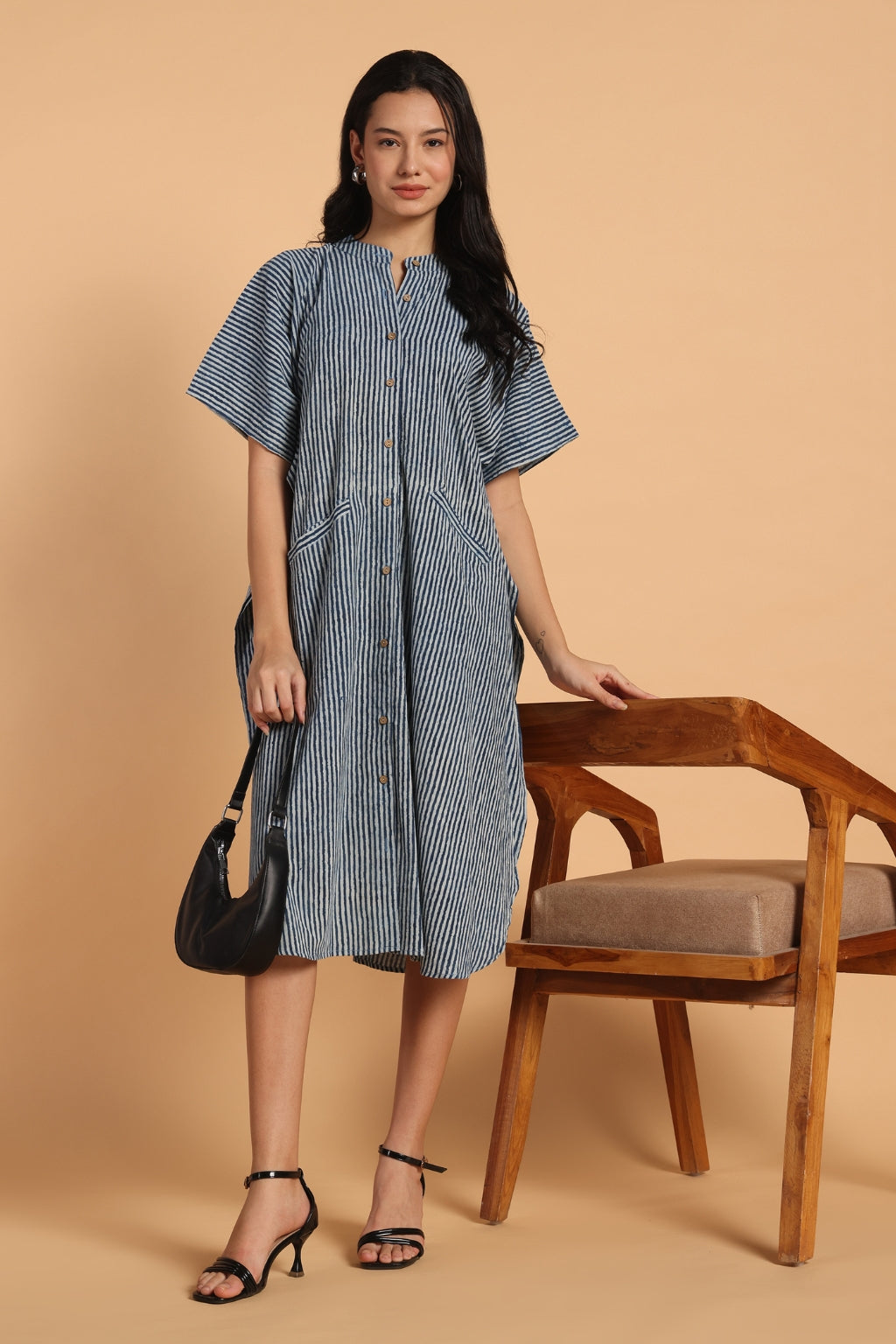 Indigo Stripe Cotton Kaftan Shirt Dress