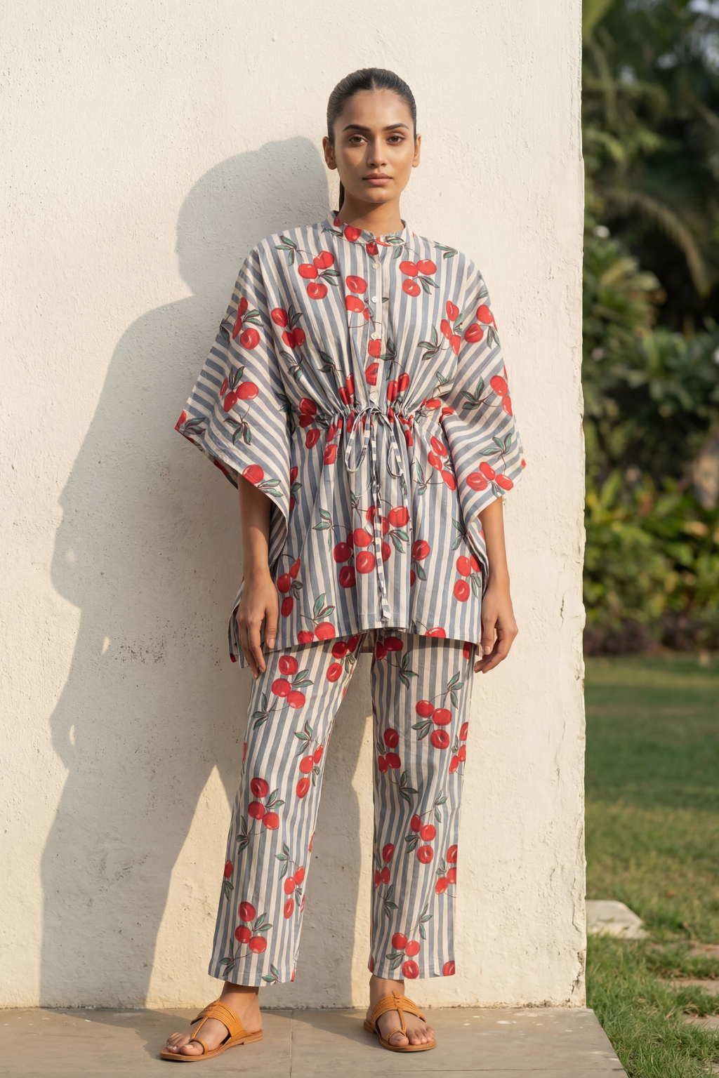 Cherry Stripe Kaftan Cotton Co Ord Set
