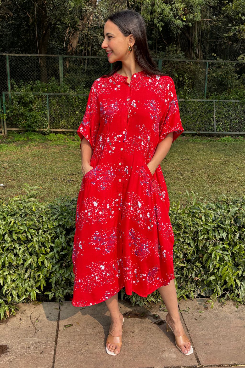 Red Bloom Kaftan Shirt Dress