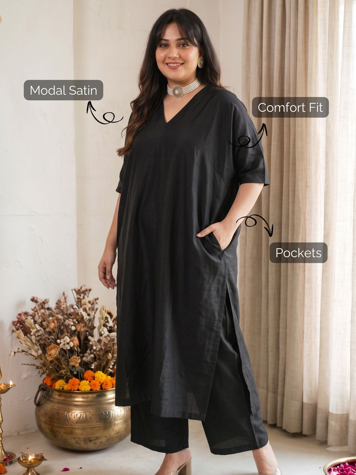 Midnight Ease Long Silk Kurta Set
