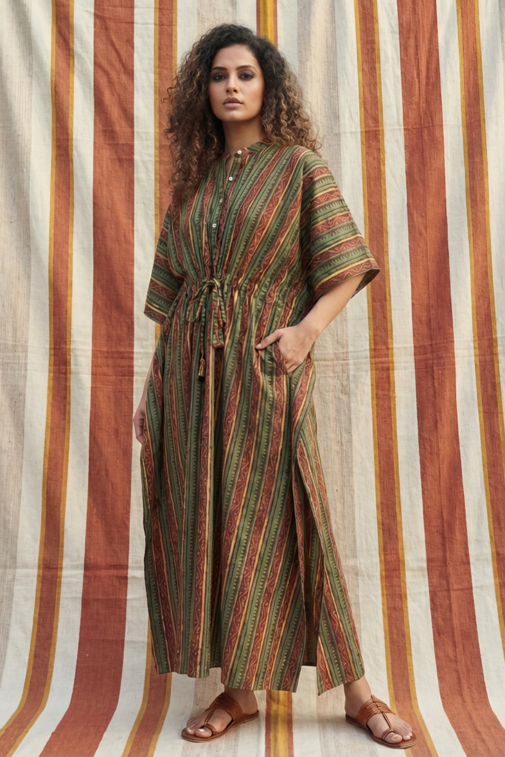 Desert Lines Bagru Handblock Striped Cotton Kaftan