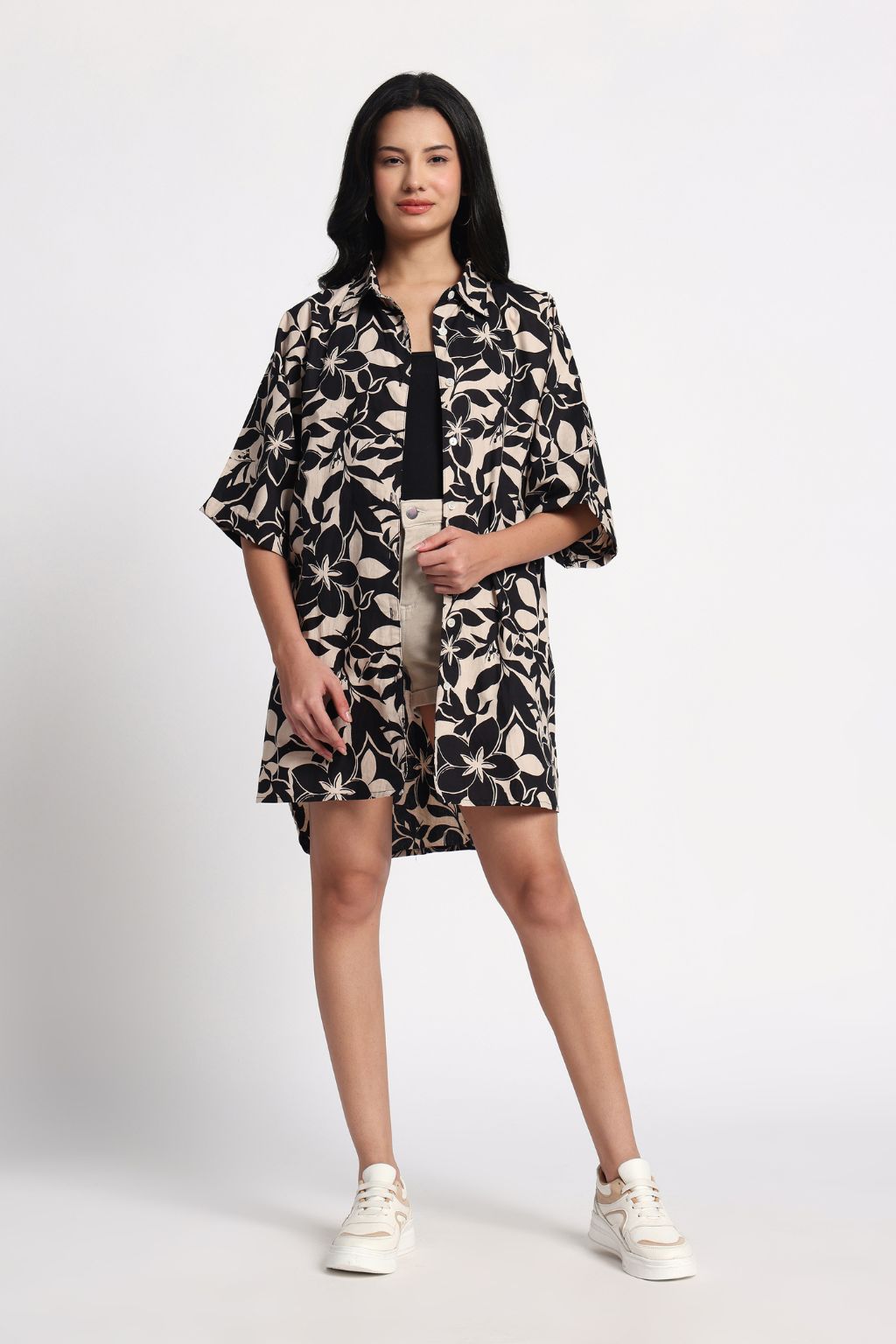 Petal Black Cotton Long Shirt