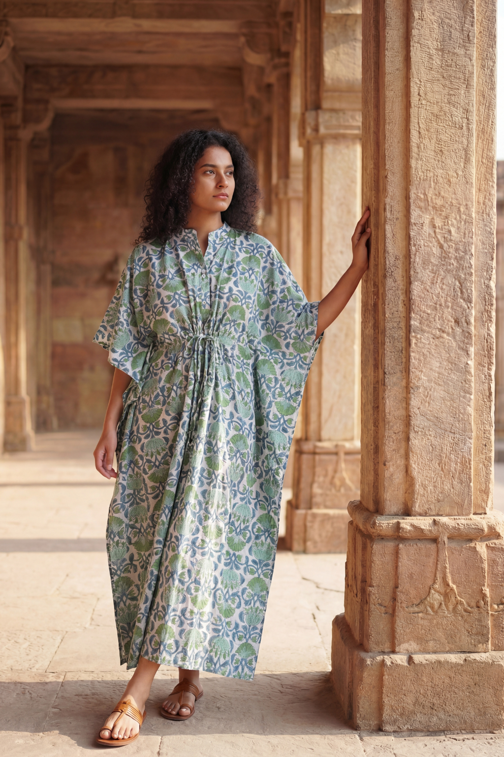 White Green Stripe Cotton Maxi Kaftan