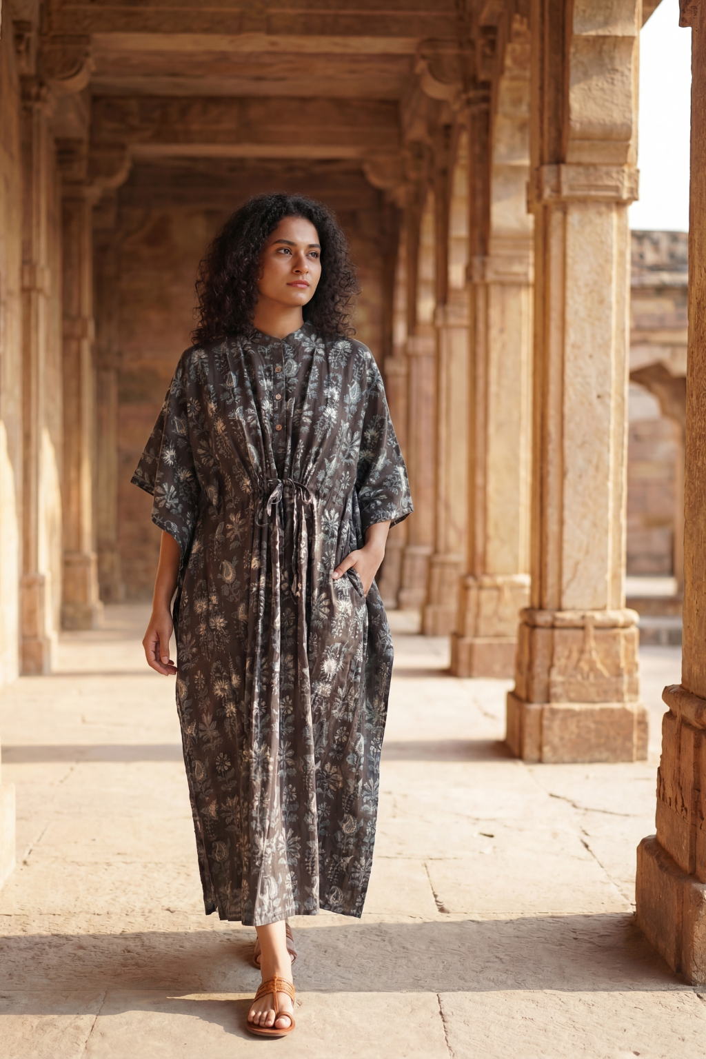 Black Blue Stripe Cotton Maxi Kaftan