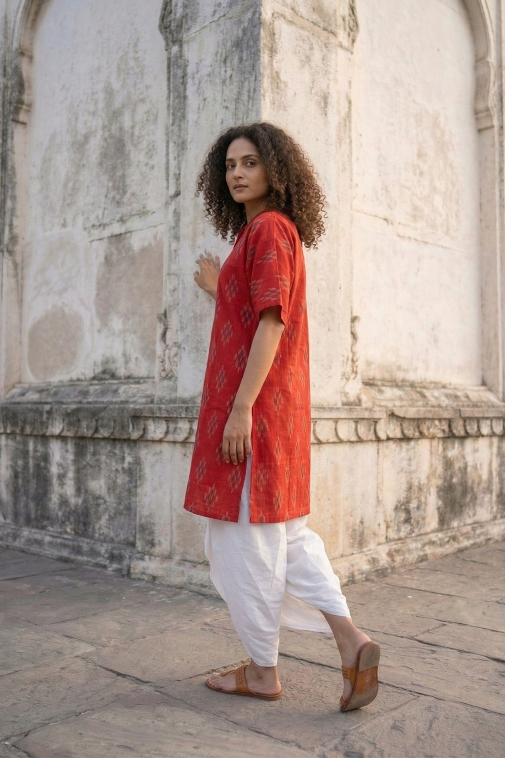 Red Blossom Ikat Cotton Kurta