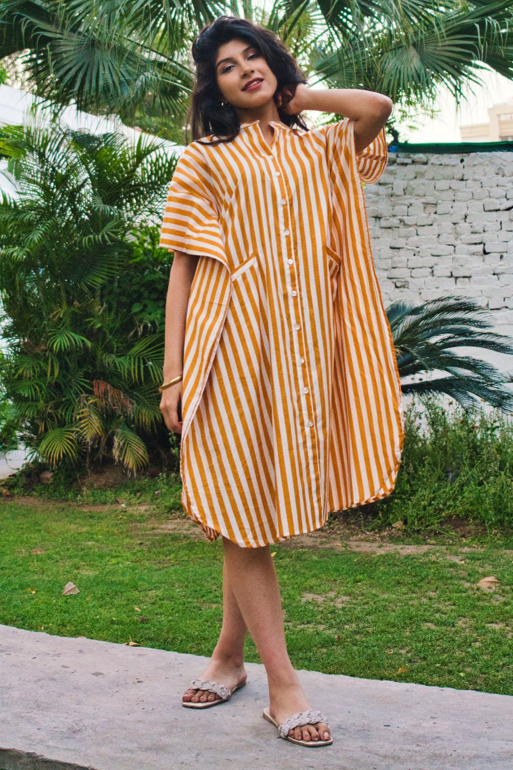 Mustard Yellow Stripe Cotton Kaftan Shirt Dress