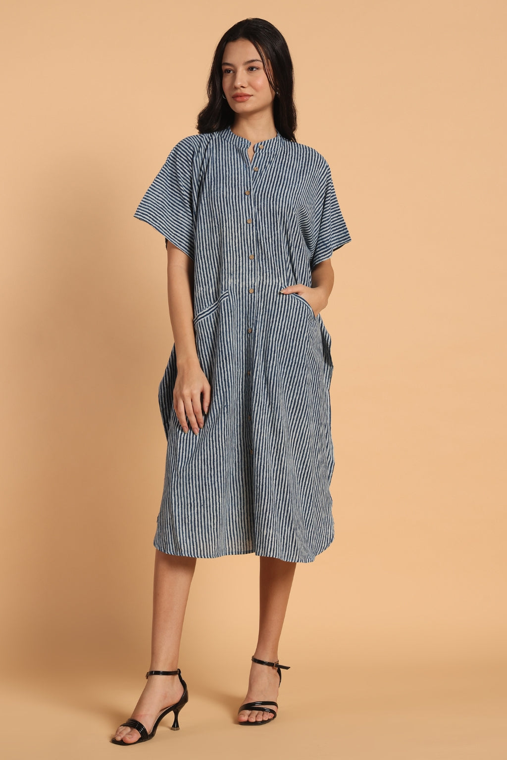 Indigo Stripe Cotton Kaftan Shirt Dress