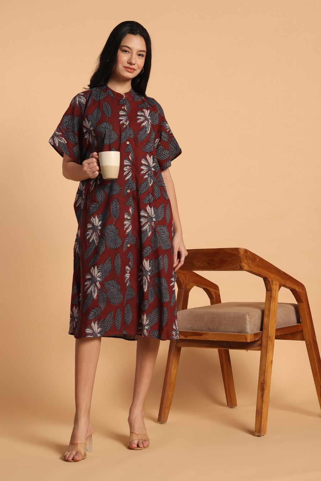 Rustic Floral Cotton Kaftan Shirt Dress