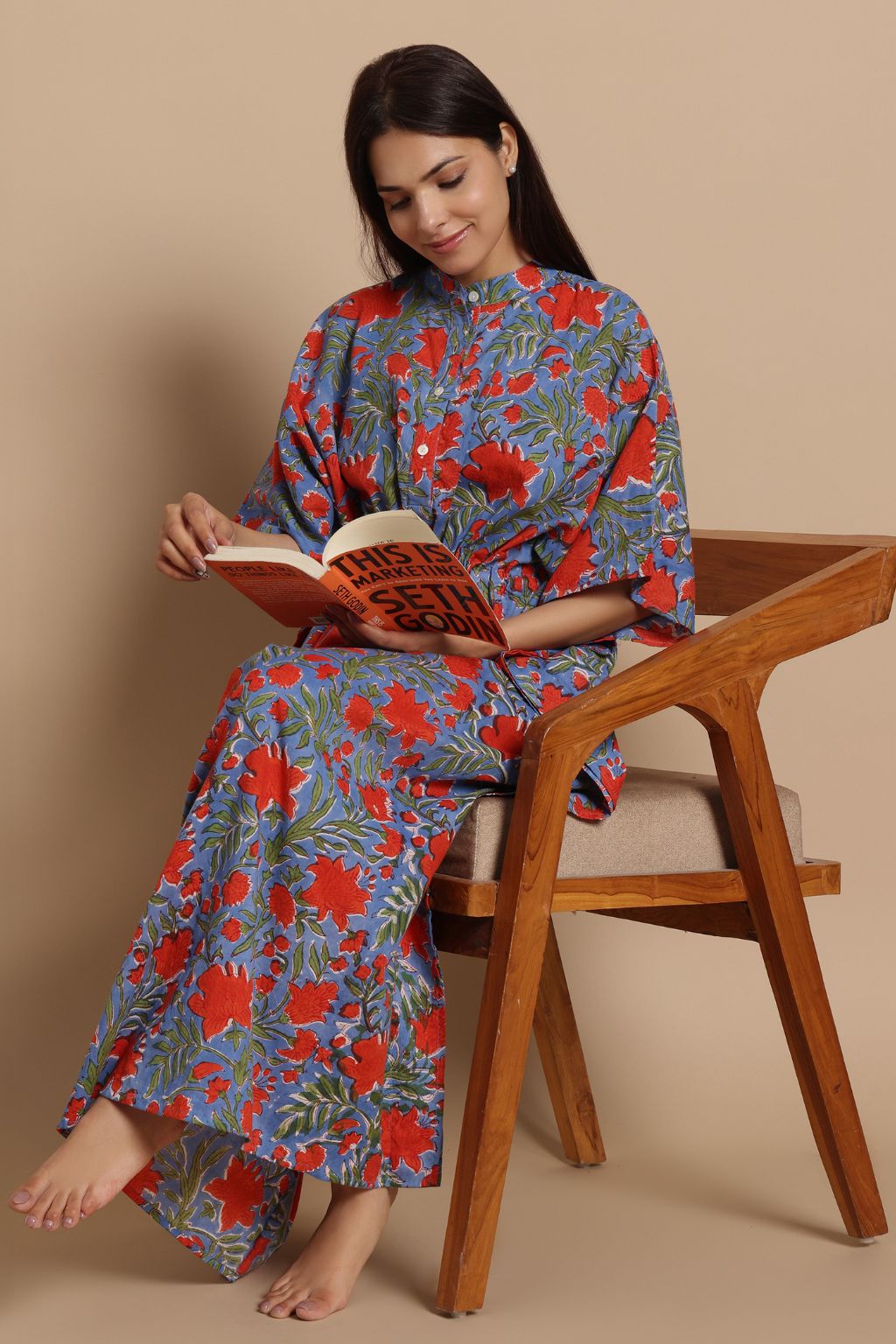Blue Blaze Hand-Block Cotton Shirt Kaftan
