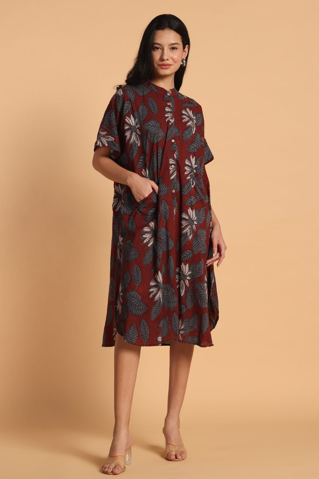 Rustic Floral Cotton Kaftan Shirt Dress
