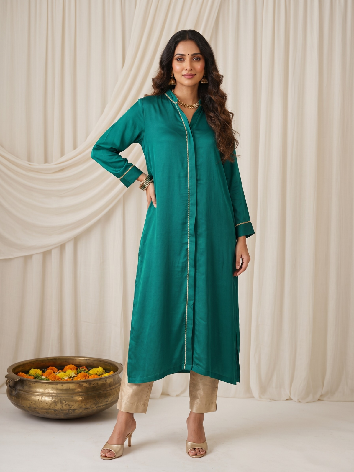 Sunheri Teal Silk Kurta